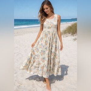 1970s Floral Maxi Dress By Rag Dolls Cottagecore Sleeveless 32 Bust Lace Inset S